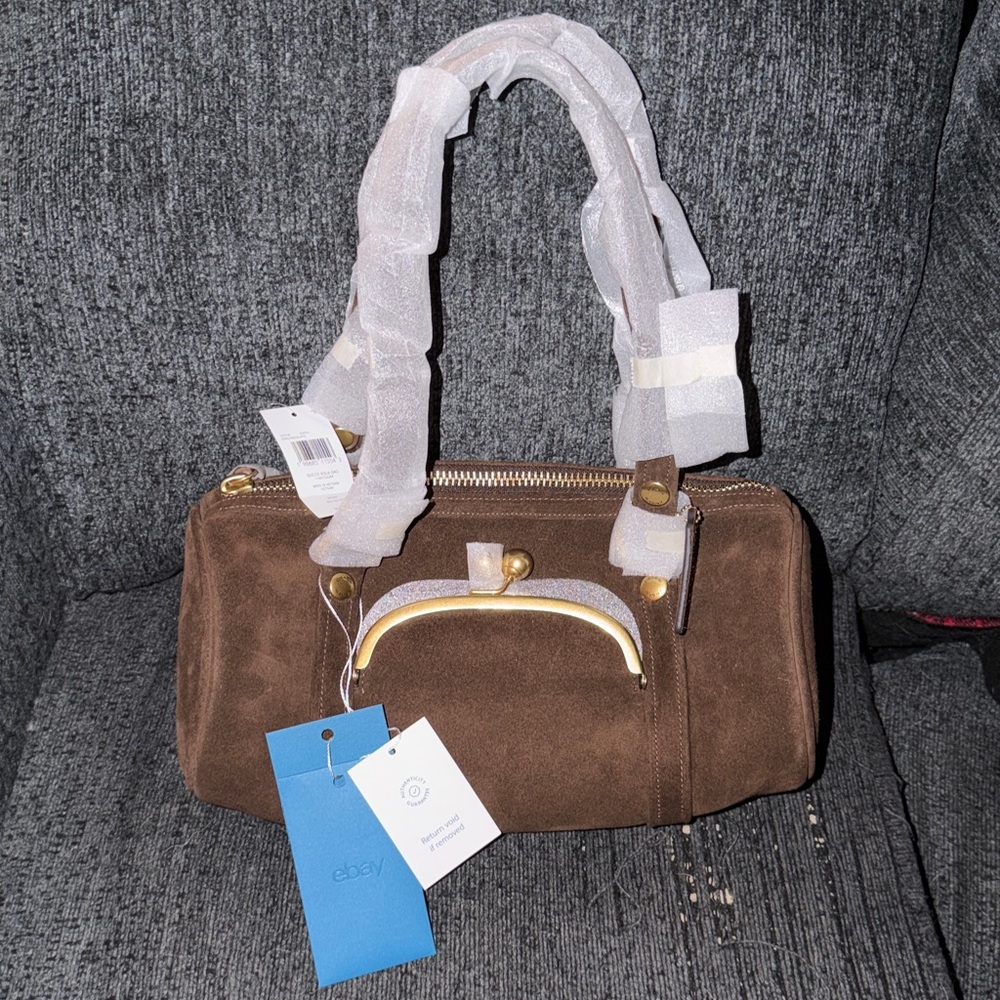 Coach Buy Now Kisslock Barrel Bag in Brass/Chocolate Brown Suede & Leather NWT